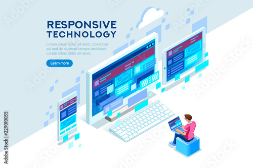 Responsive internet creation, conceptual screen interface for mobile. Building a device display content. Layout for smartphone. Concept with characters and text flat isometric vector illustration.