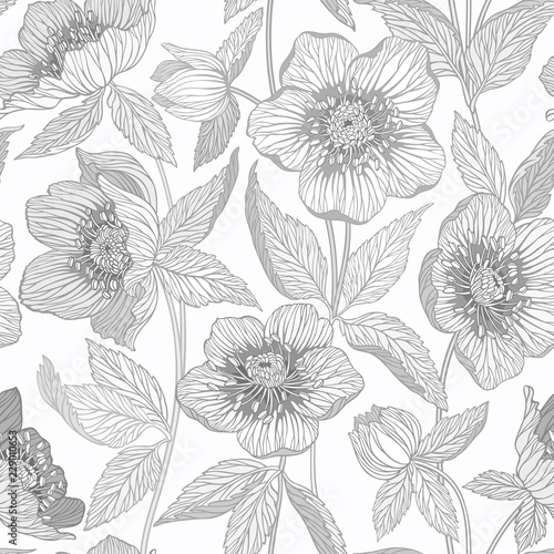 monochrome seamless floral pattern with spring flowers 