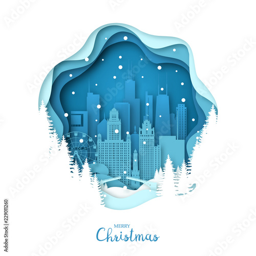 Snowy Chicago city. Merry Christmas paper art greeting card. Vector illustration.