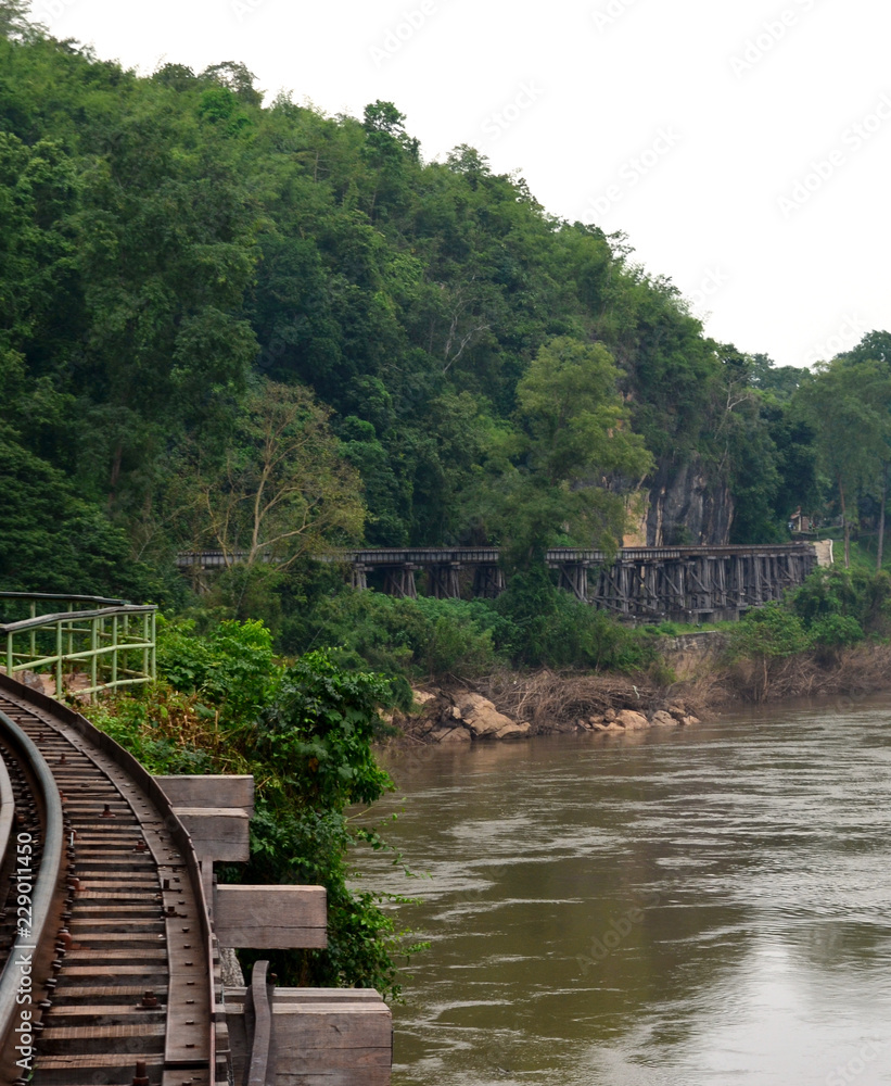 River Kwai train crossing the Wampoo Viaduct on the Death Railway above the River Kwai valley near Nam Tok, Kanchanaburi