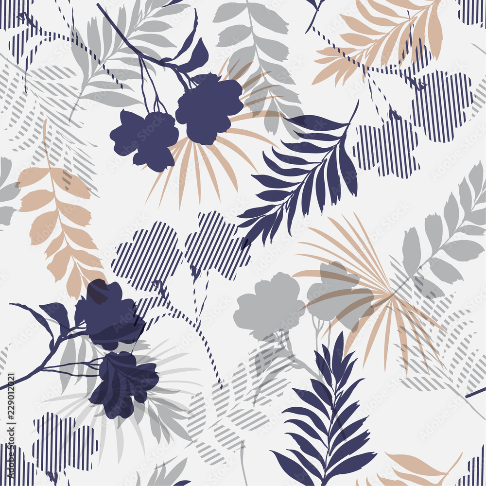 Monotone blue and grey of silhouette tropical foliage and fill in stripe leaves in colorful mood  seamless pattern