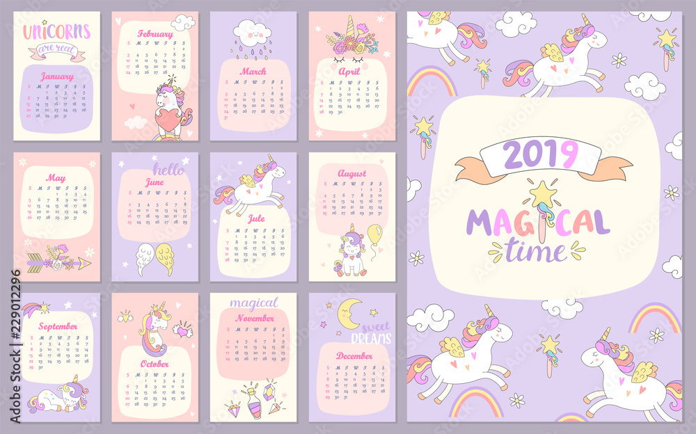 2019 Magical time Calendar with unicorns. Different characters for every month. Holiday event planner. Week Starts Sunday. Vector illustration.