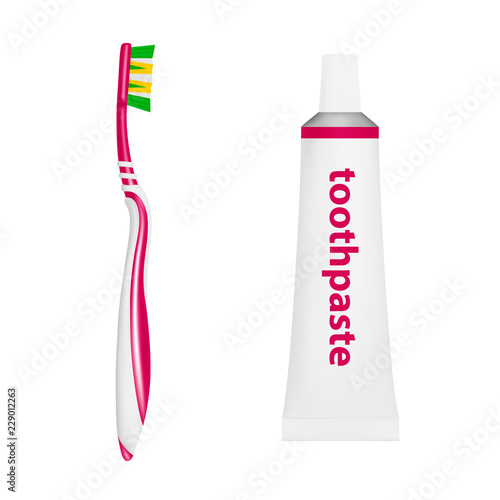 Toothpaste and brush in vector on white background.