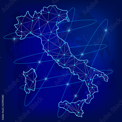 Global logistics network concept. Communications network map Italy on the world background. Map of  Italy with nodes in polygonal style. Vector illustration EPS10. 