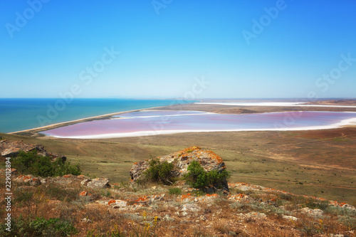 Pink Salty Kojashskoe Lake at Cape Opuk in Crimea photo