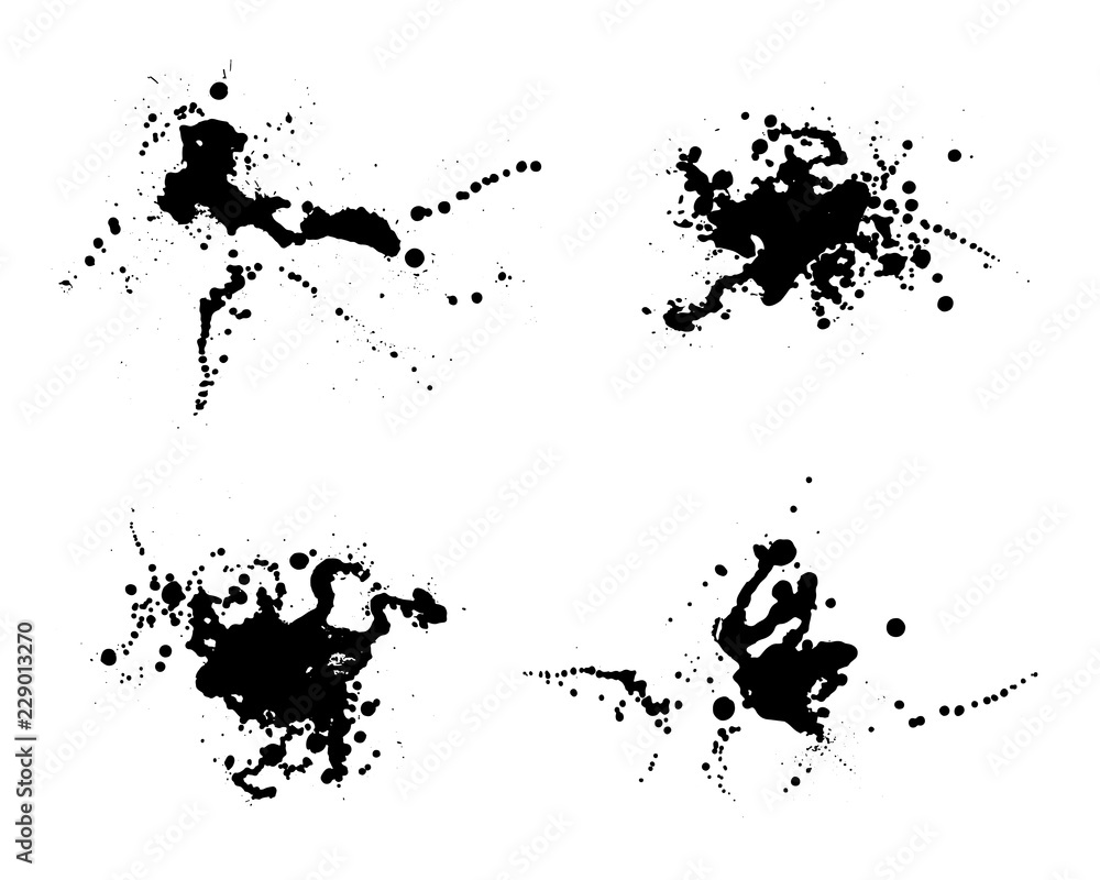Grunge stains background. Ink splatter. Spray splashes backdrop. Liquid stains isolated. Paint brush strokes and drops texture. Abstract vector illustration.