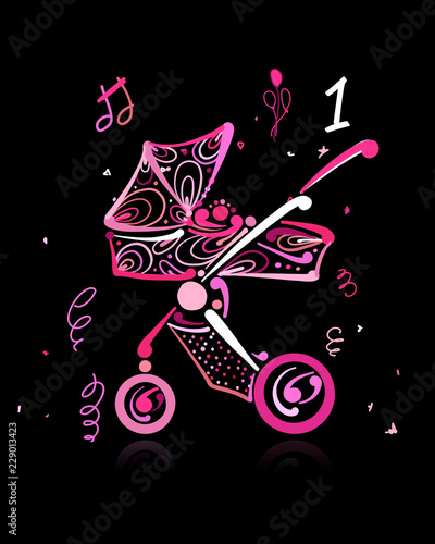 Baby carriage, ornate silhouette for your design