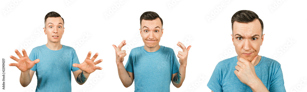 Set of portraits of young guy with different emotion isolated on a white background. Set of portraits of young guy with different emotion isolated on a white background.