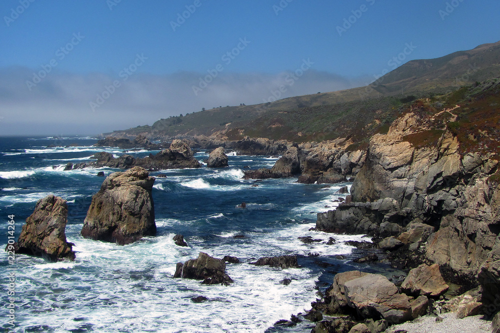 Beautiful rocky shore in Pacific Coast Highway of California, USA.