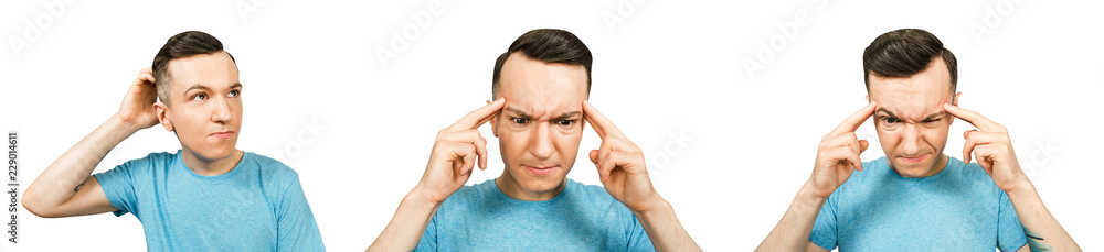 Set of portraits of young thinking guy isolated on a white background. Set of portraits of young thinking guy isolated on a white background.