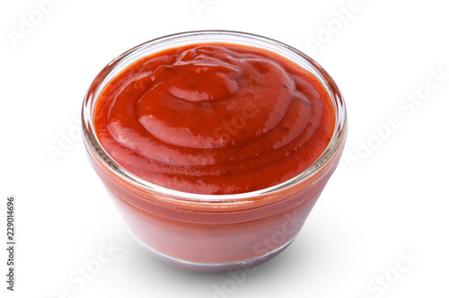 One bowl of red tomato ketchup isolated on a white background