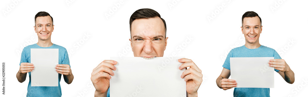 Set of portraits of young guy holding blank a4 with copy space isolated on a white background.
