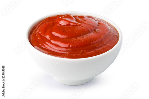 One bowl of red tomato ketchup isolated on a white background