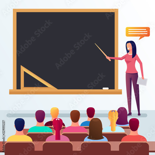 Happy smiling young teacher professor teaching university students and explanation. Education concept. Vector flat cartoon graphic design isolated illustration