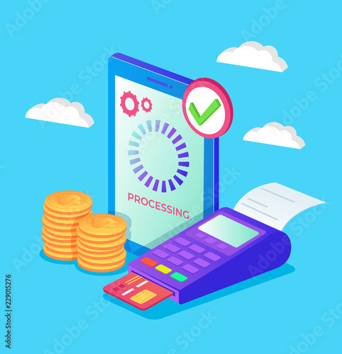 Online mobile shopping payment money transaction transfer financial banking. E commerce internet terminal smartphone finance transfer. Vector flat cartoon graphic design isolated illustration