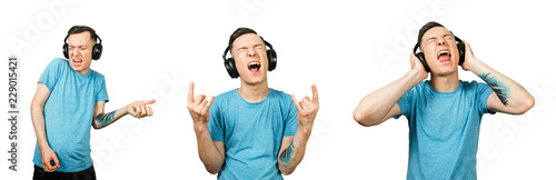 Set of portraits of young guy listening music in a headphones isolated on a white background.