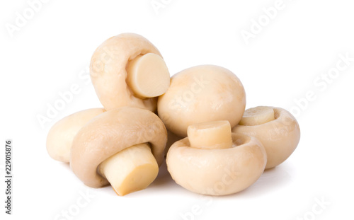 Group of tasty Pickled marinated mushrooms isolated on white background