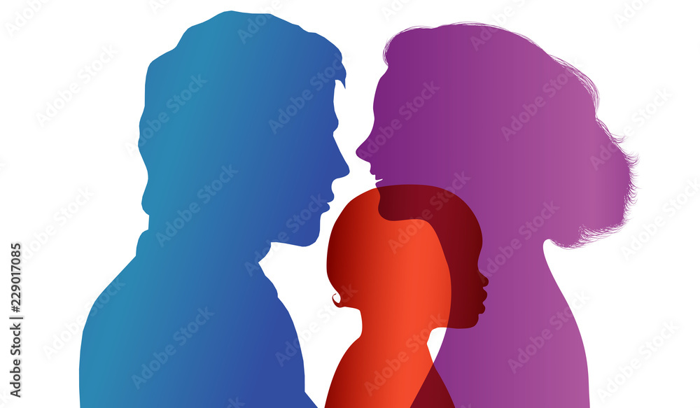 Adoption. Pair of parents adopt a child. Vector color profile silhouette Adoption. Pair of parents adopt a child. Vector color profile silhouette