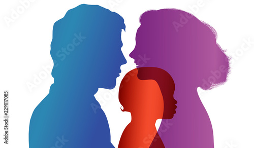 Adoption. Pair of parents adopt a child. Vector color profile silhouette