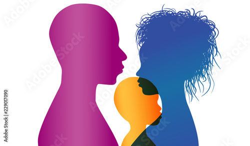 Adoption. Young African or African-American parents adopt an African or African American child. Vector color profile silhouette