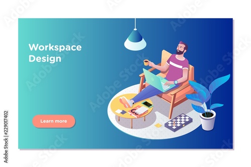 Freelancer concept, coworking people. Freelancer man at his laptop easely in working office. Flat isometric vector illustration