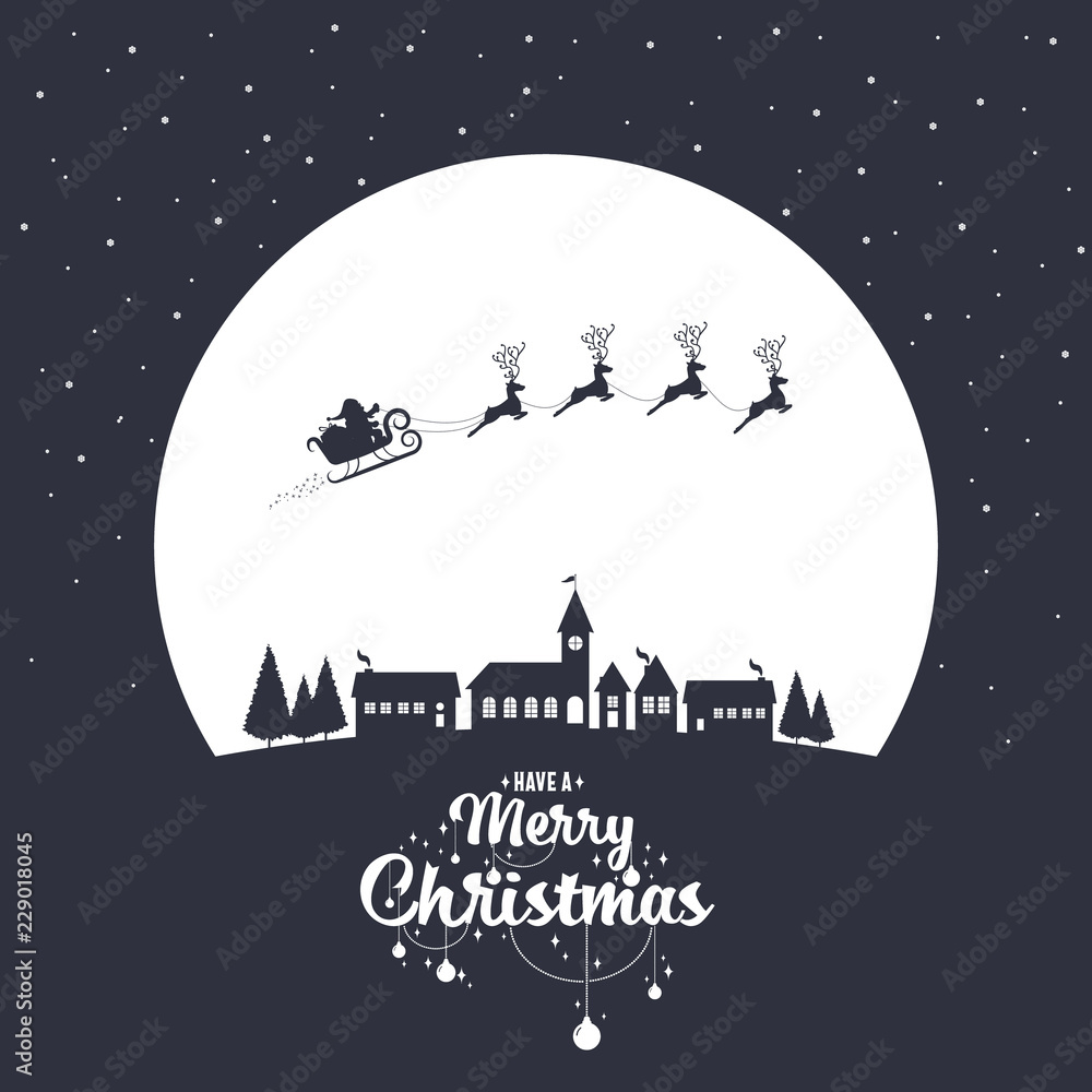 Santa sleigh flying into the winter village christmas night with phase text merry christmas