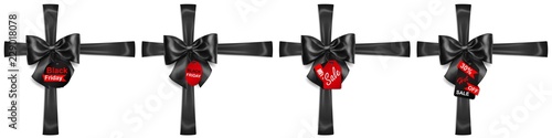 Set of black bows with crosswise ribbons, shadows and sale labels and tags on white background