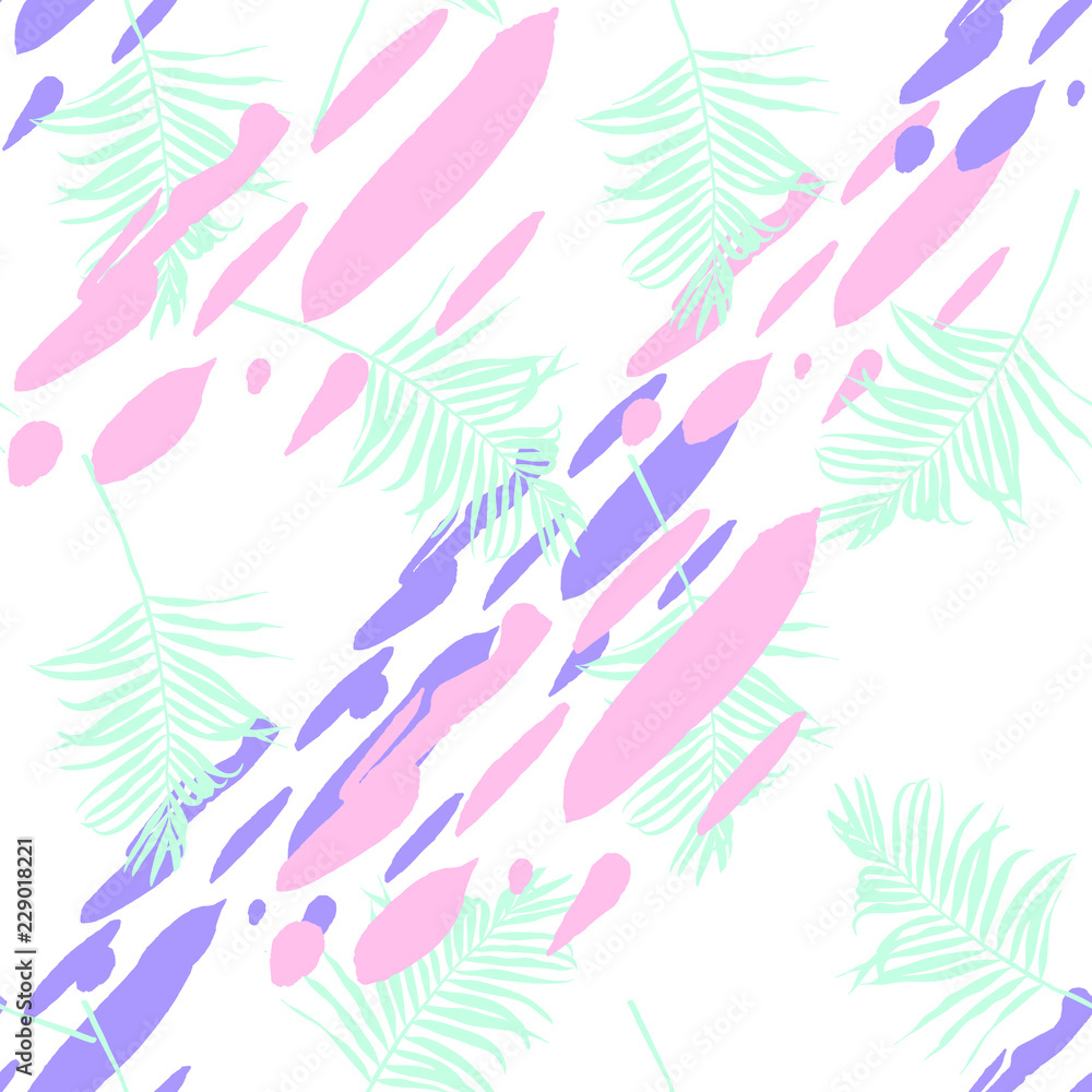 Bright Pop Art Print . Seamless Pattern with Exotic Leaves .Texture for Wallpapers, Web Page , Surface Textures , Wrap Paper ,Textiles, Cover, Magazine .