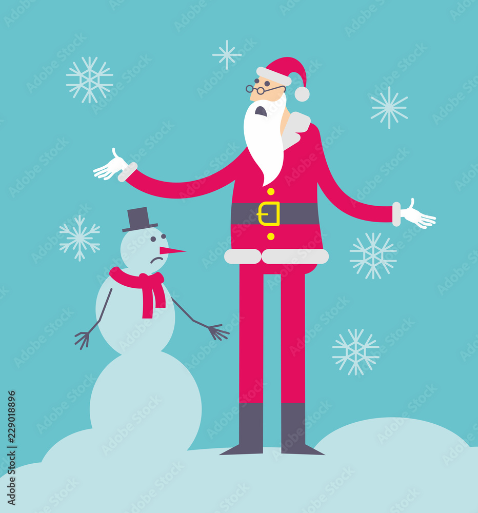 Flat cartoon vector illustration of a jolly character: Santa Claus throws up his hands sad because he did not bring gifts. Stock Vector | Adobe Stock Flat cartoon vector illustration of a jolly character: Santa Claus throws up his hands sad because he did not bring gifts. Stock Vector | Adobe Stock