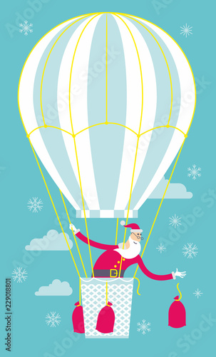 Flat cartoon vector illustration of a jolly character: Santa Claus flies on a balloon and throws top-down bags of gifts.