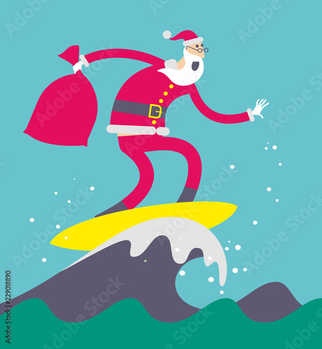 Photography Flat cartoon vector illustration of a jolly character: Santa Claus swimming in the sea surfing and holding a bag with gifts in his hand