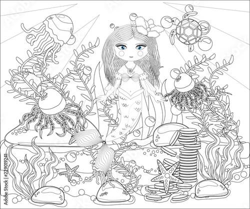 Beautiful mermaid. Underwater world. Anti stress coloring book for adult. Outline drawing coloring page. Black and white in zentangle style. Sea  shells. Marine theme.