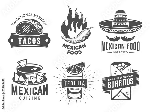 Mexican cuisine logos. Vector badges with traditional mexican food. Emblems for tacos, burritos, nachos, tequila. Set of vintage labels for cafe or fast food restaurant