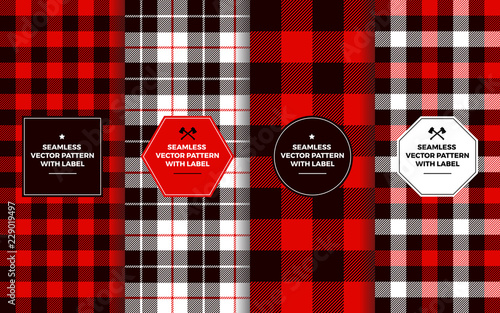 Lumberjack Seamless Patterns with Label Frames. Red Black White Buffalo Check & Tartan Plaid. Trendy Hipster Textures & Badges. Copy Space for Text. Design Templates for Packaging, Covers, Gift Wrap
