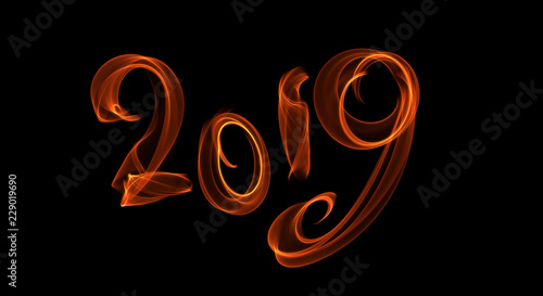 Happy new year 2019 isolated numbers lettering written with fire flame or smoke on black background