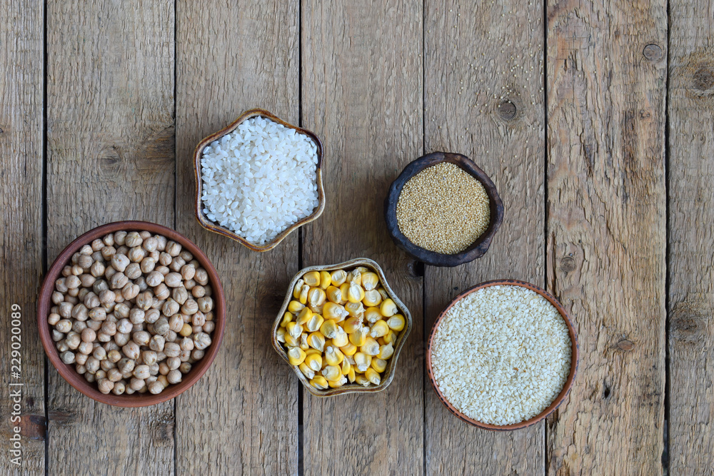 Cereals, grains, beans and seeds. Gluten-free concept. Healthy food. Top view. Copy space. Cereals, grains, beans and seeds. Gluten-free concept. Healthy food. Top view. Copy space.
