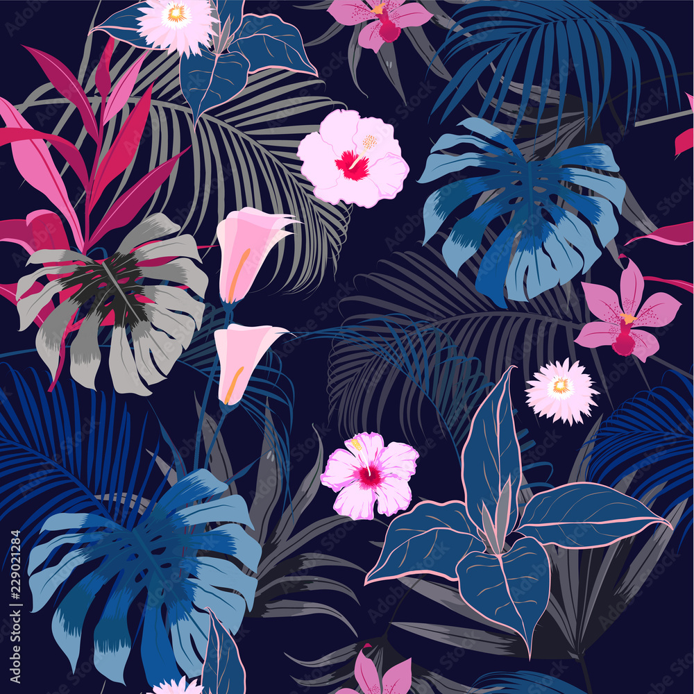 Fototapeta vector seamless beautiful artistic darkt tropical pattern with exotic forest.