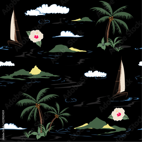 Beautiful seamless island pattern on black background.