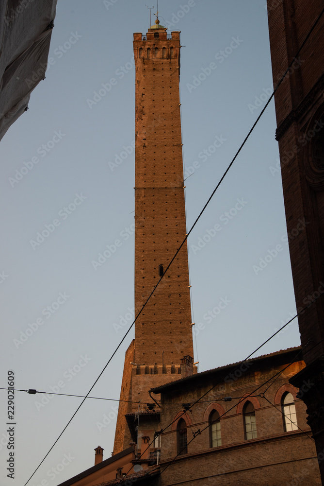 The Torre degli Asinelli, a commonly recognized symbol of Bologna, Italy. Made of masonry, they carried out important military functions (signaling and defense).