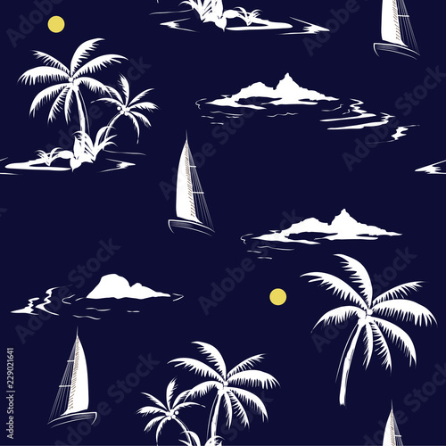 Beautiful seamless white island pattern on navy blue  background. Landscape with palm trees,