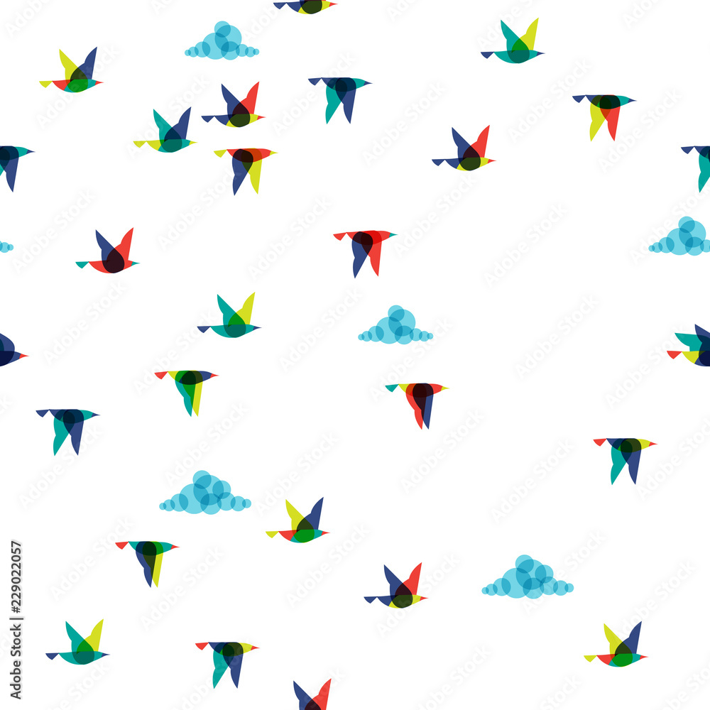 spring flying birds illustration, seamless,