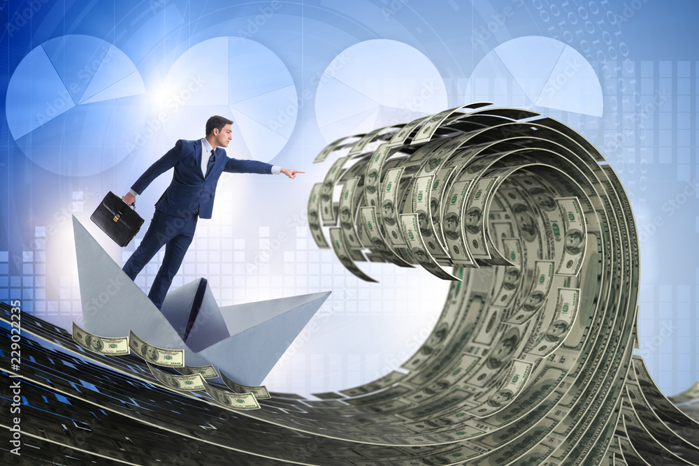 Φωτογραφία Businessman riding paper boat in dollar sea