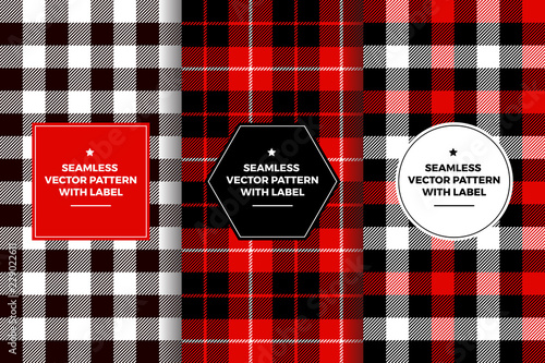 
Red Black White Buffalo Check and Tartan Plaid Seamless Patterns with Label Frames. Copy Space for Text. Set of Design Templates for Packaging, Covers or Gift Wrapping.