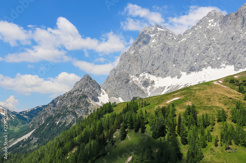 View closeup Alpine mountains in National park Dachstein, Austria, Europe. Blue sky and green forest in summer day