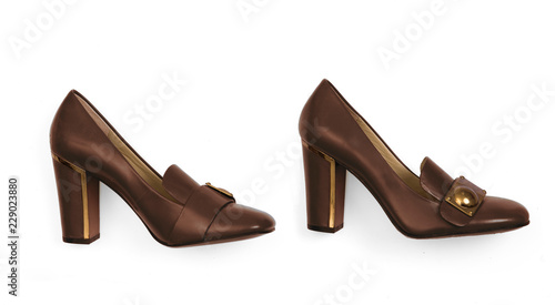 brown and gold block heel pumps with golden metallic elements