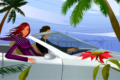 Man and a woman traveling in a car