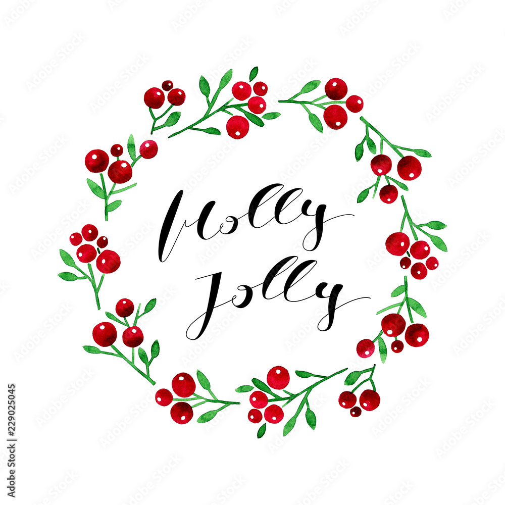 custom made wallpaper toronto digitalMerry Christmas Card with Holly Berries Branches Wreath and Handwriting Calligraphy Greeting Text. Christmas Card Template