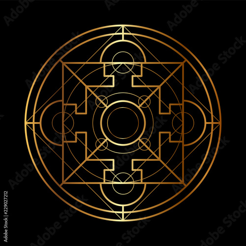 Vector ornamental Buddhist symbol, ethnic art, patterned occult symbol. Geometric mandala ornament. Invitation. Golden stickers, flash temporary tattoo, mehndi and yoga design, boho, magic symbol.