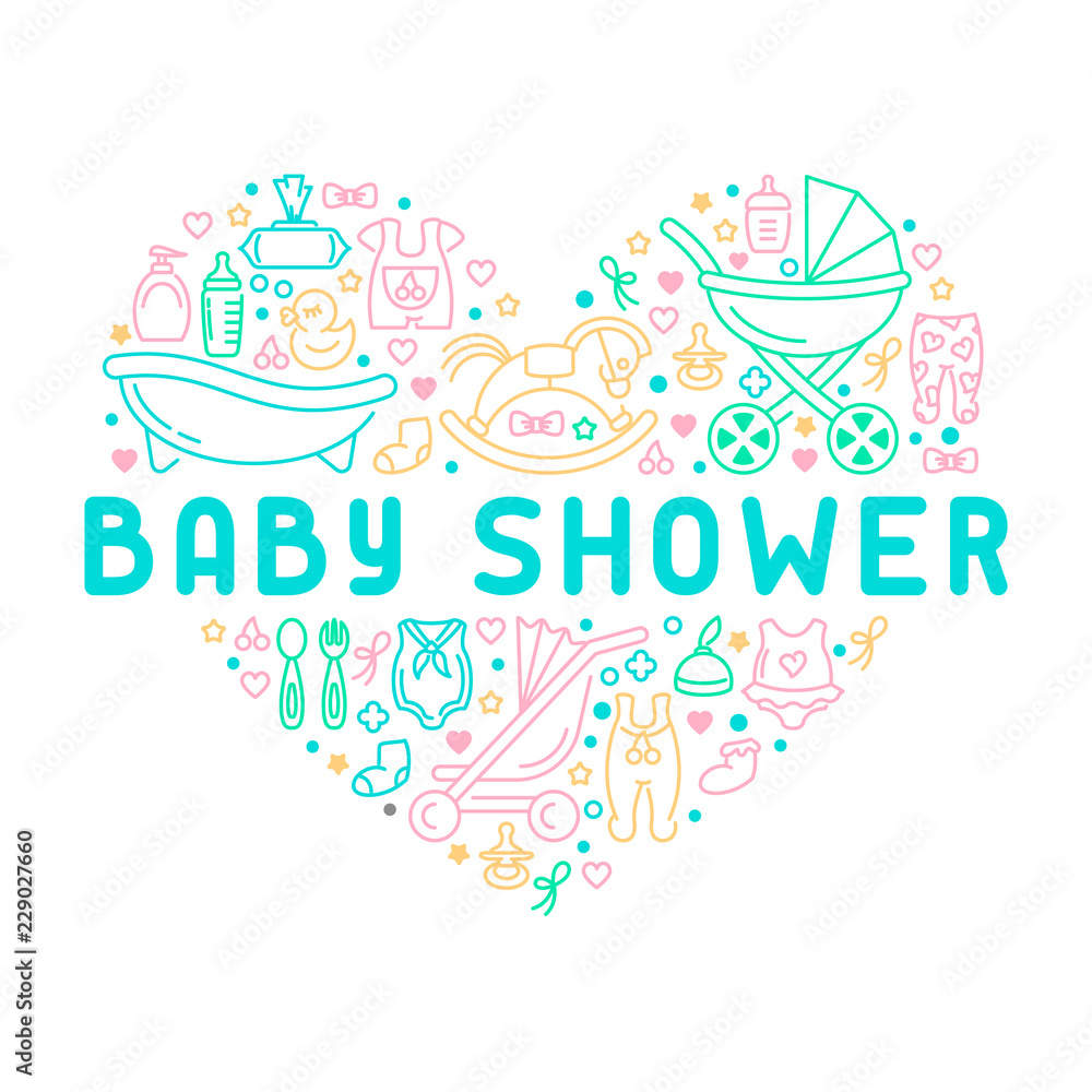 Baby shower banner with infant accessories. Linear style vector illustration. Suitable for invitation card