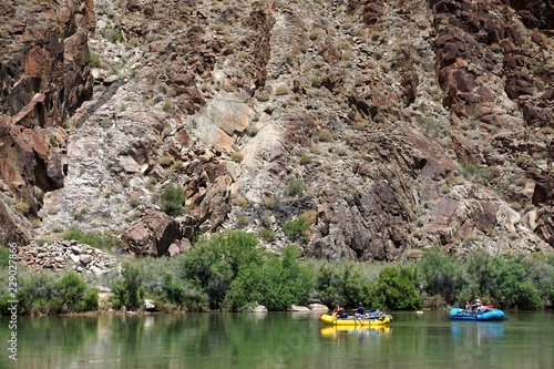 Peach Springs, Arizona, USA: Rafts prepare to ride the rapids of the Colorado River at the end of Diamond Creek Road in Peach Springs Canyon, Arizona.